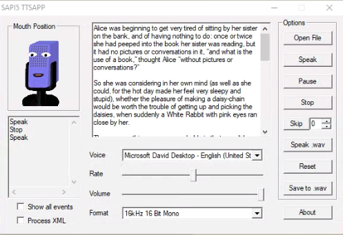 Espeak is an open source software speech synthesizer for English and other languages